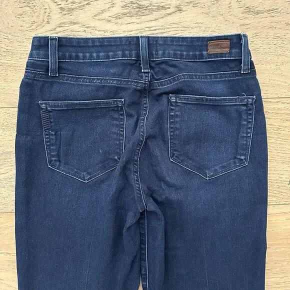 PAIGE Womens High Rise Bell Canyon Flare Leg Jeans Blue Dark Wash Frayed Size 29 - Picture 10 of 16